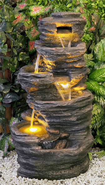 Fontaine de jardin cascade extérieur chute d'eau avec pompe LED