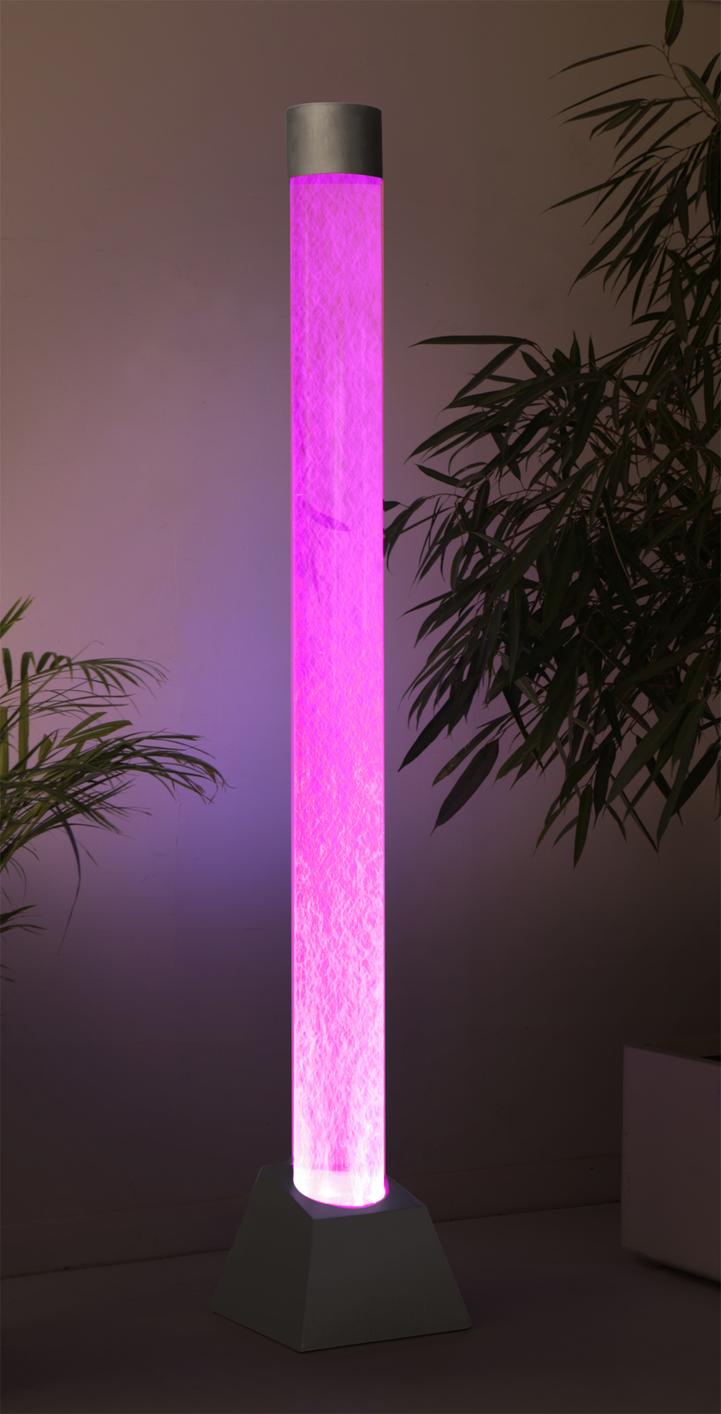 Fontaine Tube Acrylique à Bulles – Base Acier et LED Couleurs Changeantes – 2m (H 200cm x P 15cm)